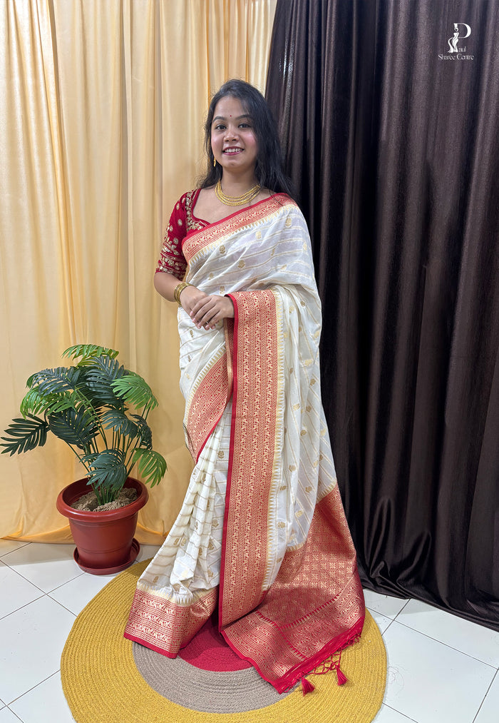 Off-White Khaddi Banarasi Saree with Red Border