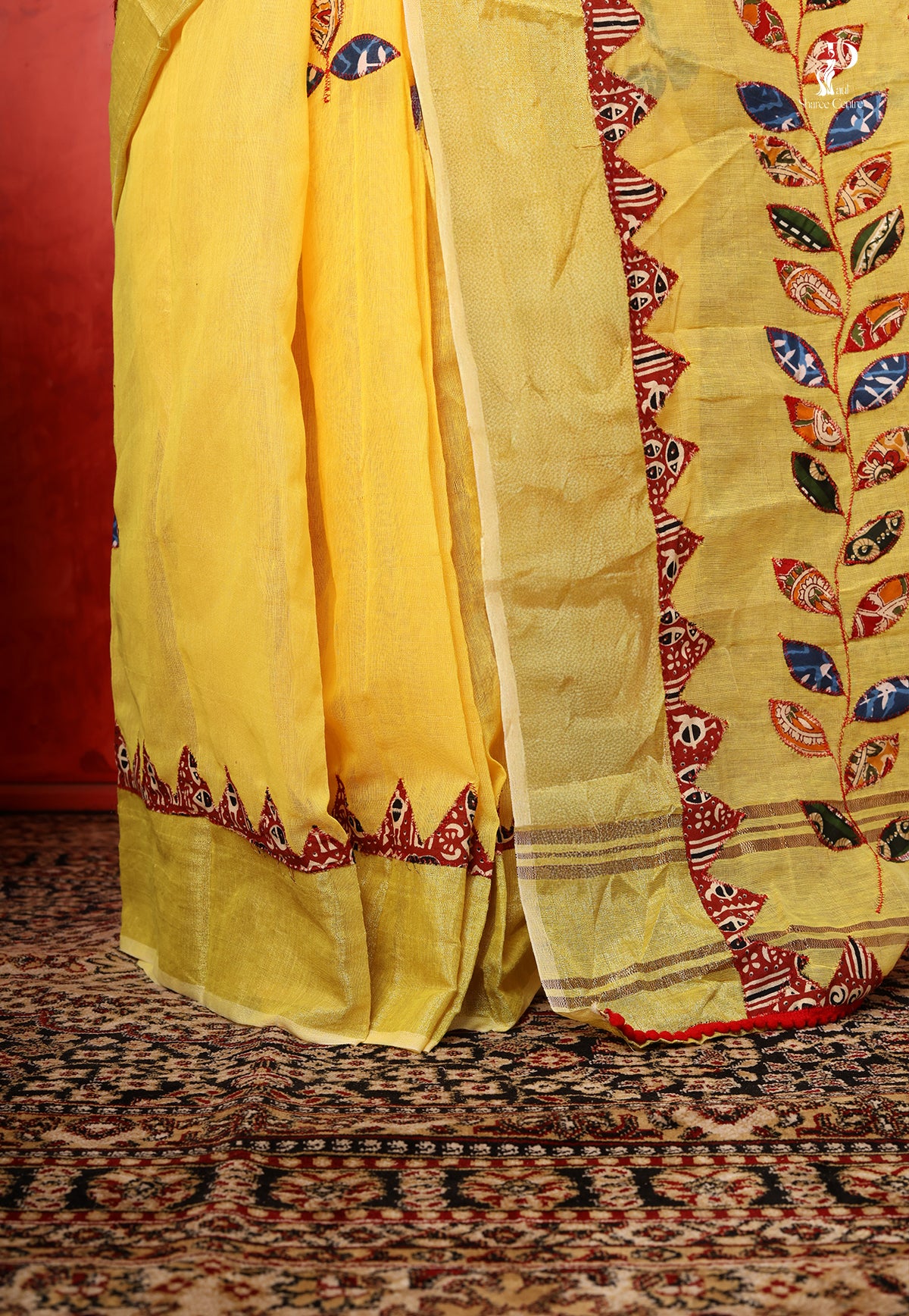 Yellow Applique Work Saree with Golden Border
