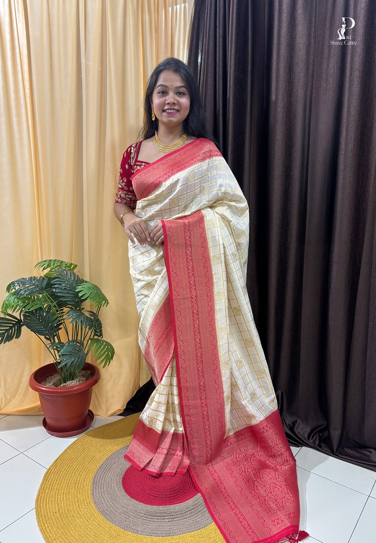 Off-White Khaddi Banarasi Saree with Red Border