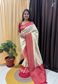 Off-White Khaddi Banarasi Saree with Red Border