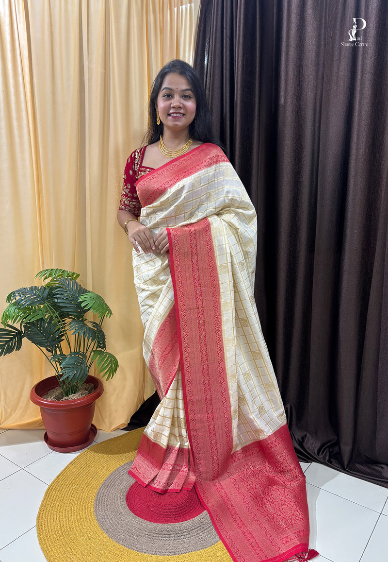 Off-White Khaddi Banarasi Saree with Red Border