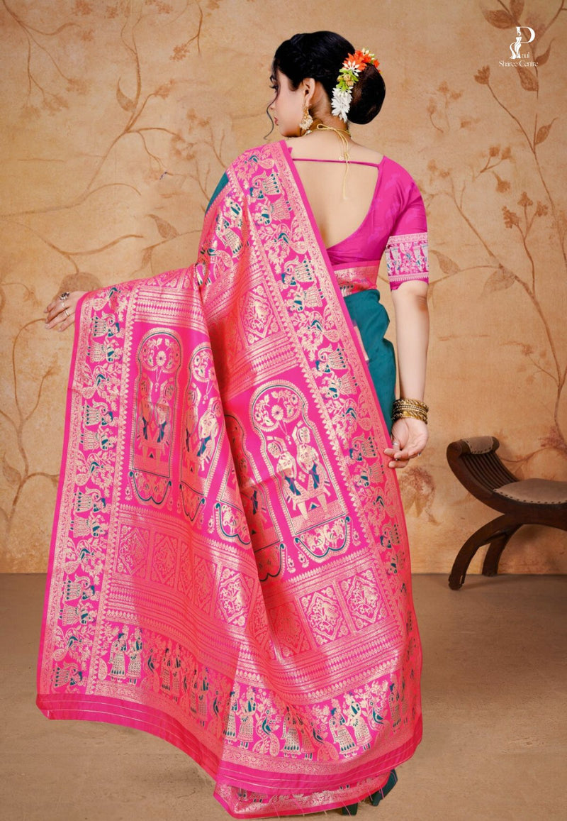 Peacock Blue Baluchari Silk Saree with Hot Pink Border