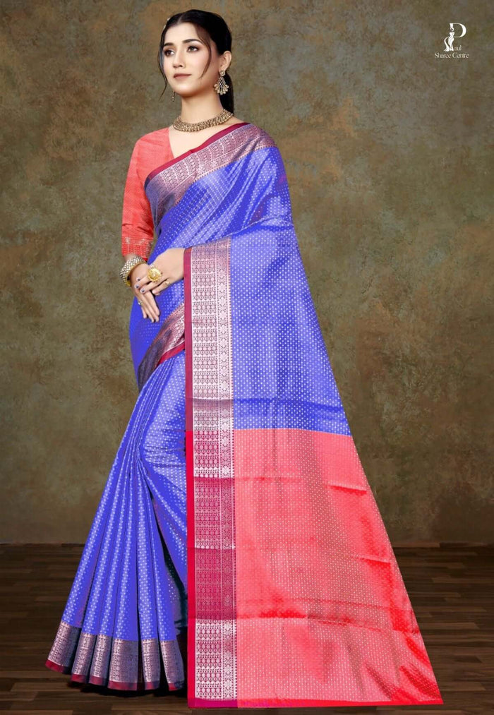 Lavender Blue Silk Saree with Rust Pink Border
