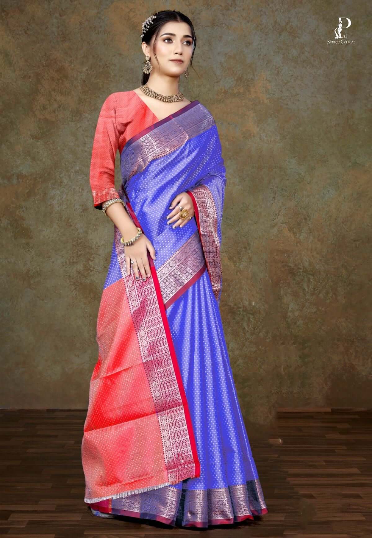 Lavender Blue Silk Saree with Rust Pink Border