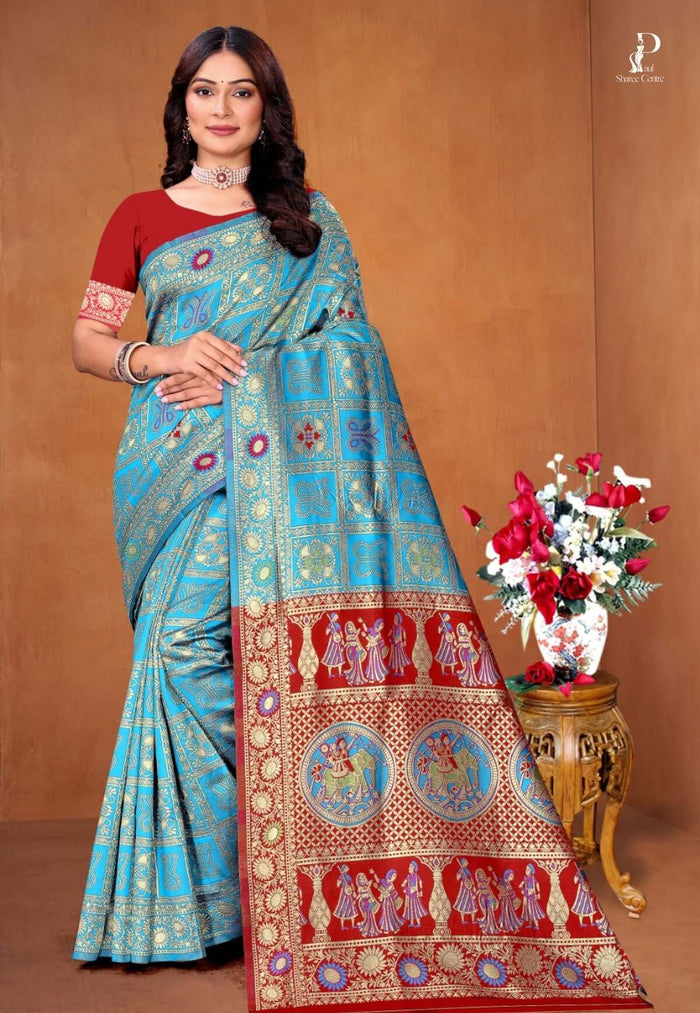 Blue Ethnic Motif Patola Saree with Maroon Blue Border
