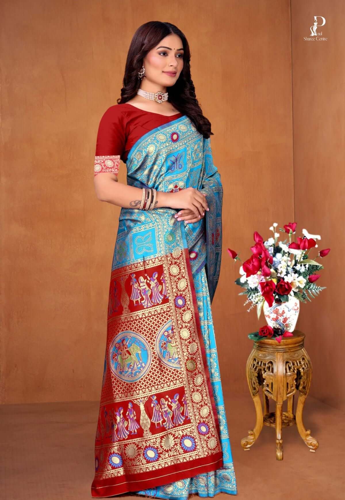 Blue Ethnic Motif Patola Saree with Maroon Blue Border