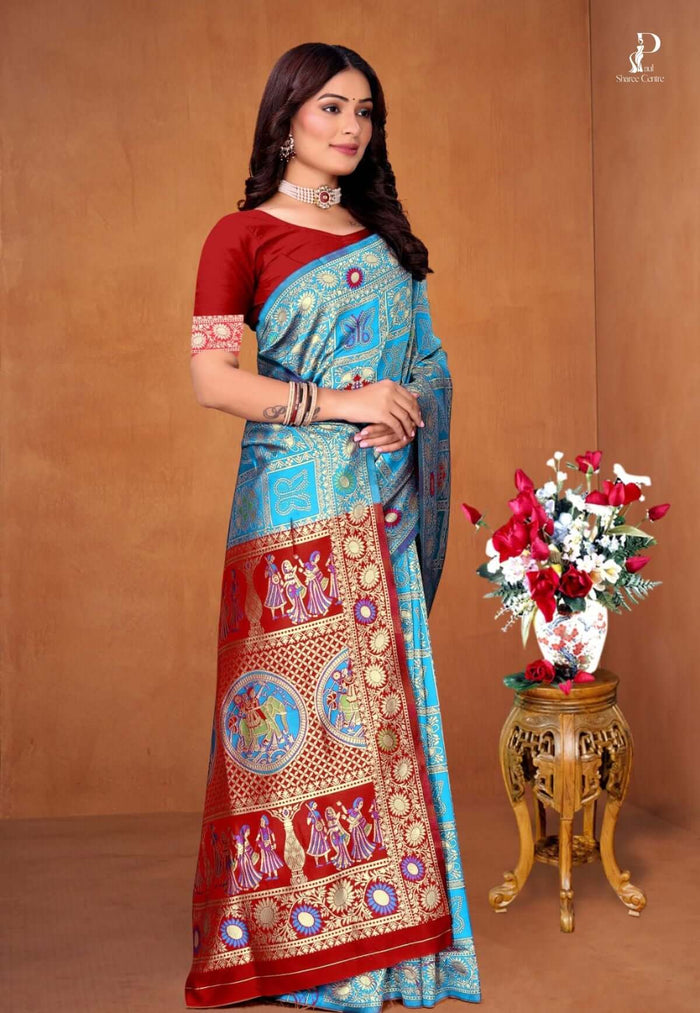 Blue Ethnic Motif Patola Saree with Maroon Blue Border