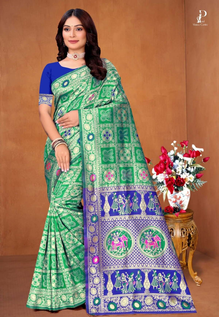 Green Ethnic Motif Patola Saree with Navy Blue Border