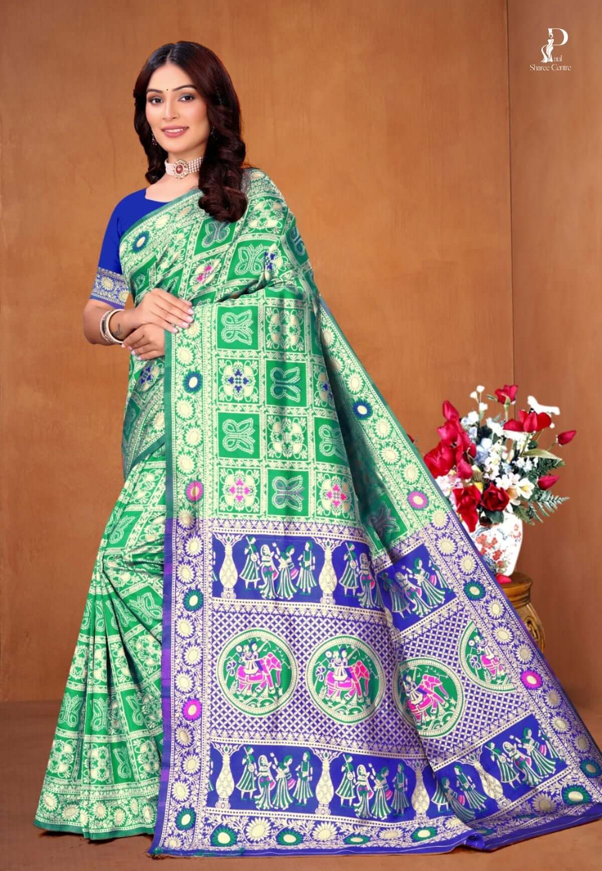 Green Ethnic Motif Patola Saree with Navy Blue Border
