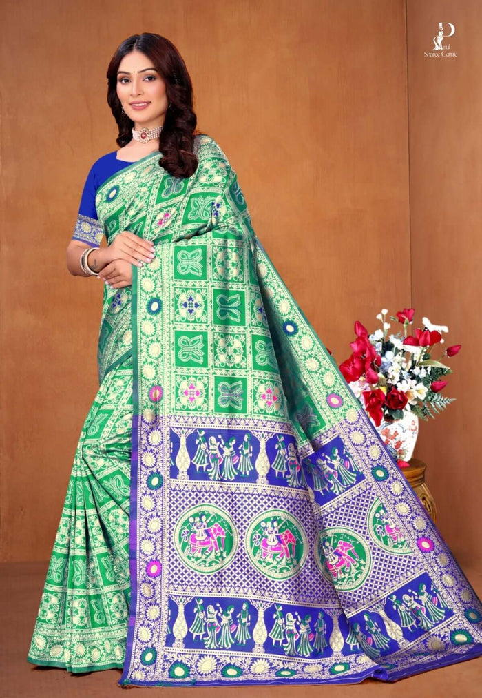 Green Ethnic Motif Patola Saree with Navy Blue Border