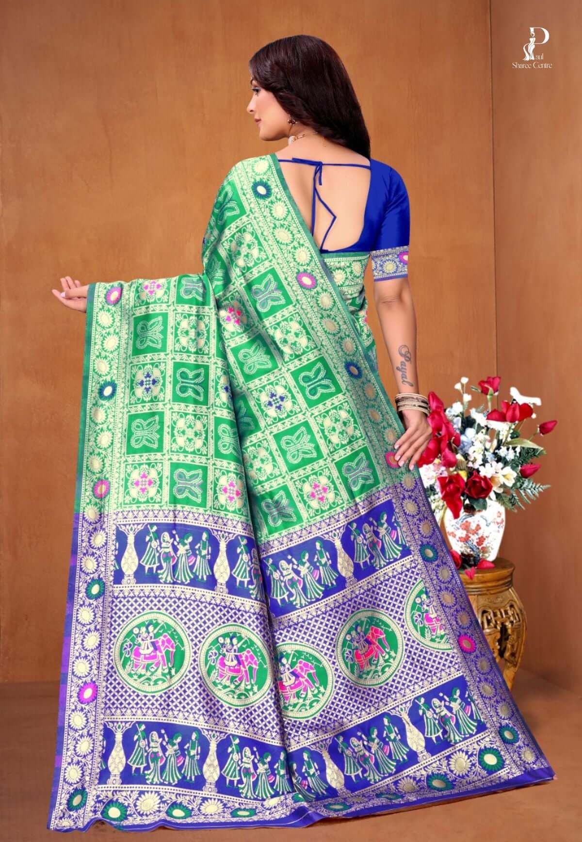 Green Ethnic Motif Patola Saree with Navy Blue Border