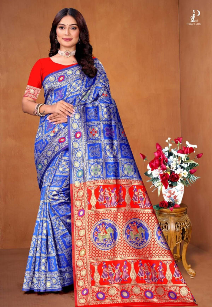 Royal Blue Ethnic Motif Patola Saree with Red Border