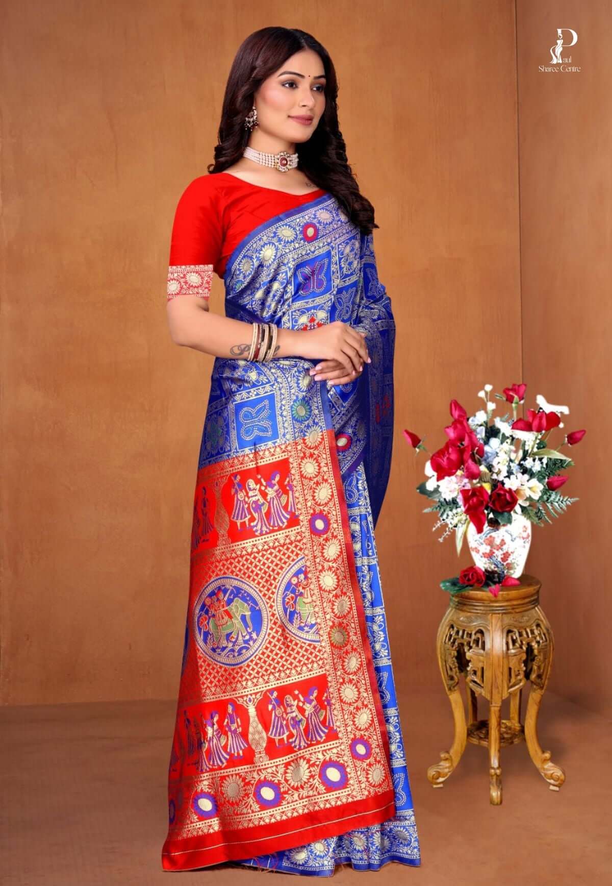 Royal Blue Ethnic Motif Patola Saree with Red Border