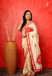 Off White Applique Work Saree with Red Border