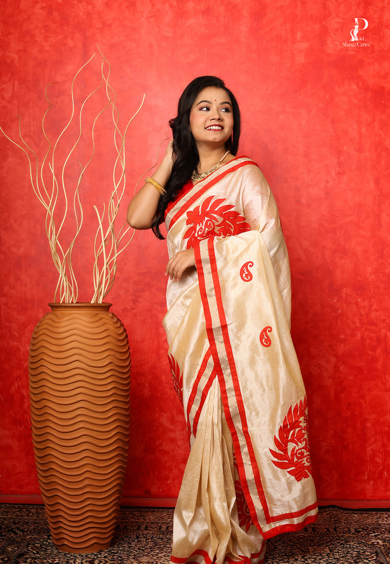 Off White Applique Work Saree with Red Border