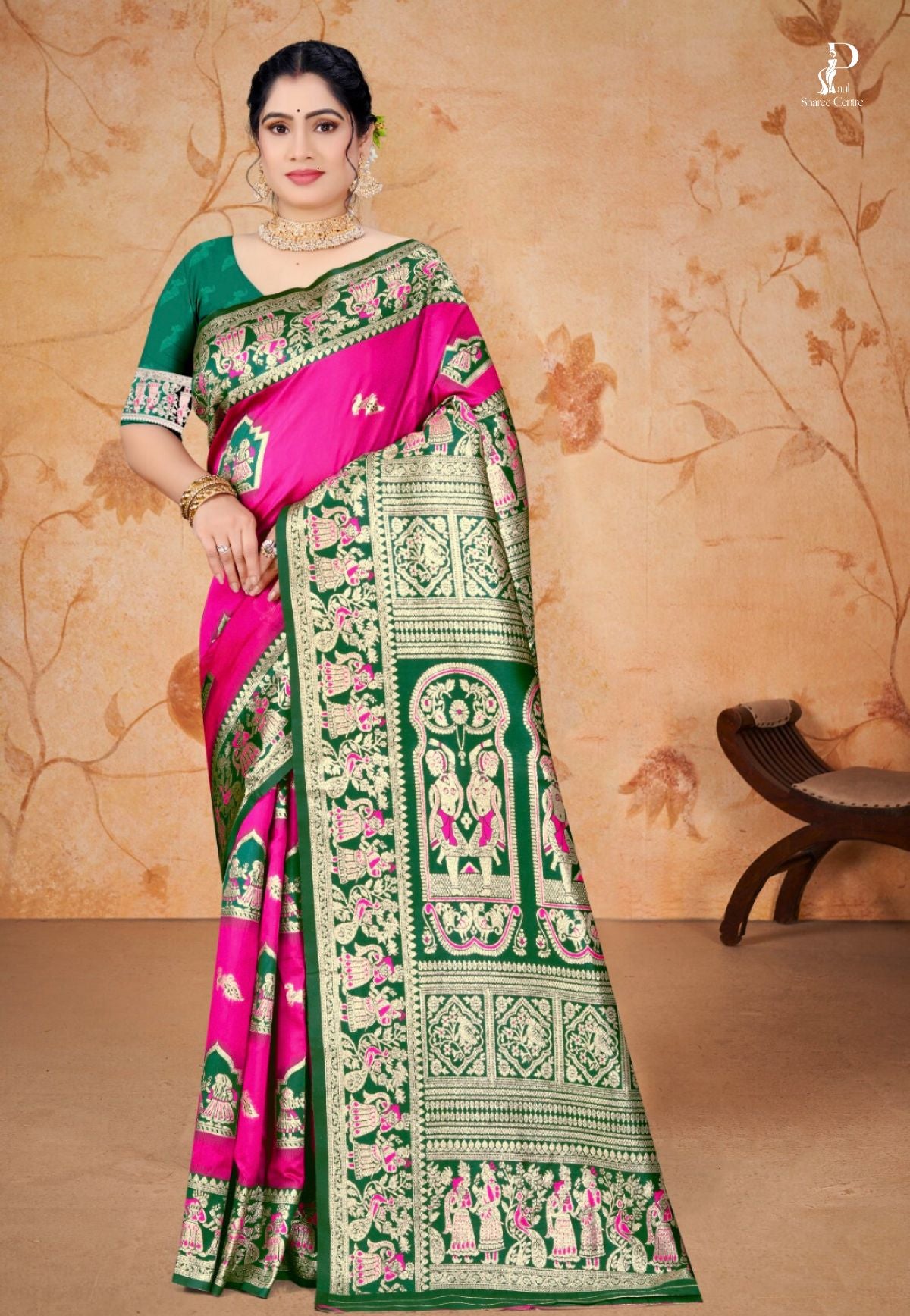 Pink Baluchari Silk Saree with Bottle Green Border
