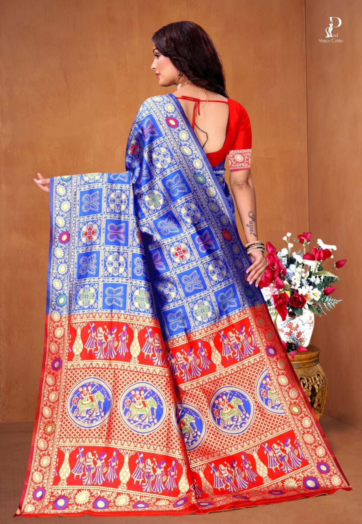 Royal Blue Ethnic Motif Patola Saree with Red Border