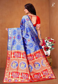 Royal Blue Ethnic Motif Patola Saree with Red Border