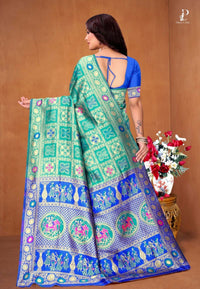 Sea Green Ethnic Motif Patola Saree with Blue Border