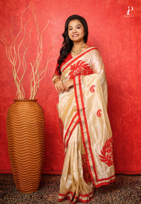 Off White Applique Work Saree with Red Border