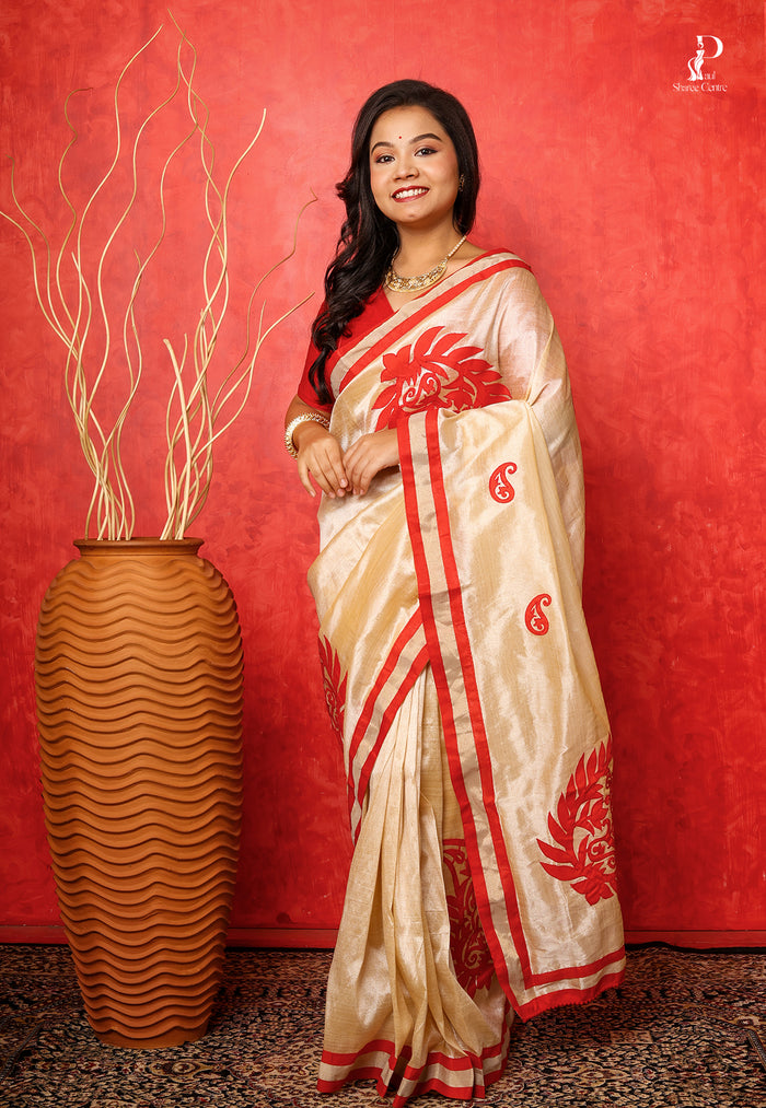 Off White Applique Work Saree with Red Border