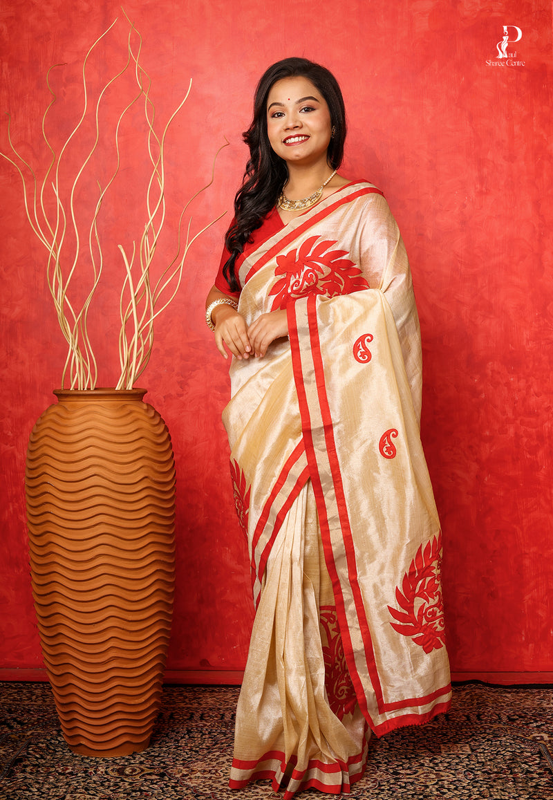 Off White Applique Work Saree with Red Border