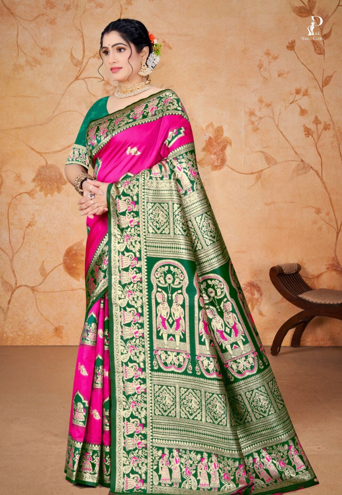 Pink Baluchari Silk Saree with Bottle Green Border