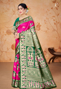 Pink Baluchari Silk Saree with Bottle Green Border