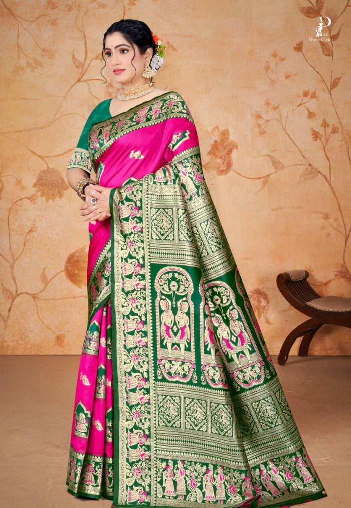Pink Baluchari Silk Saree with Bottle Green Border