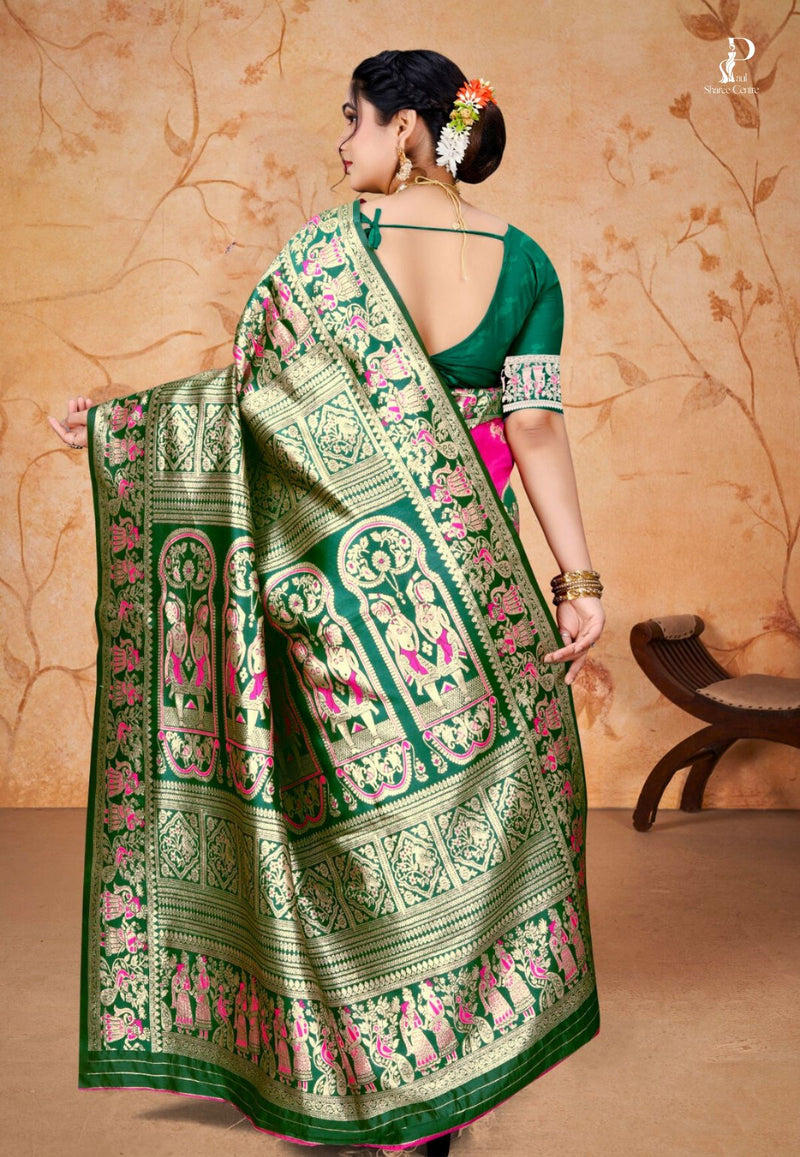Pink Baluchari Silk Saree with Bottle Green Border