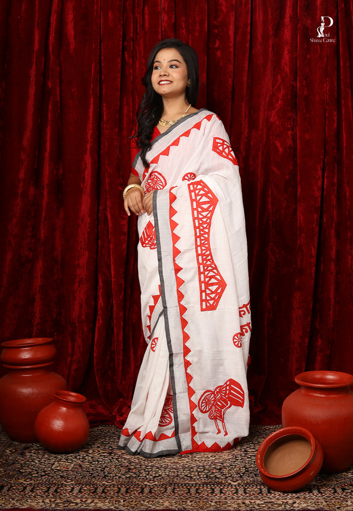 White & Red "Kolkata" Applique Work Saree with Silver Border