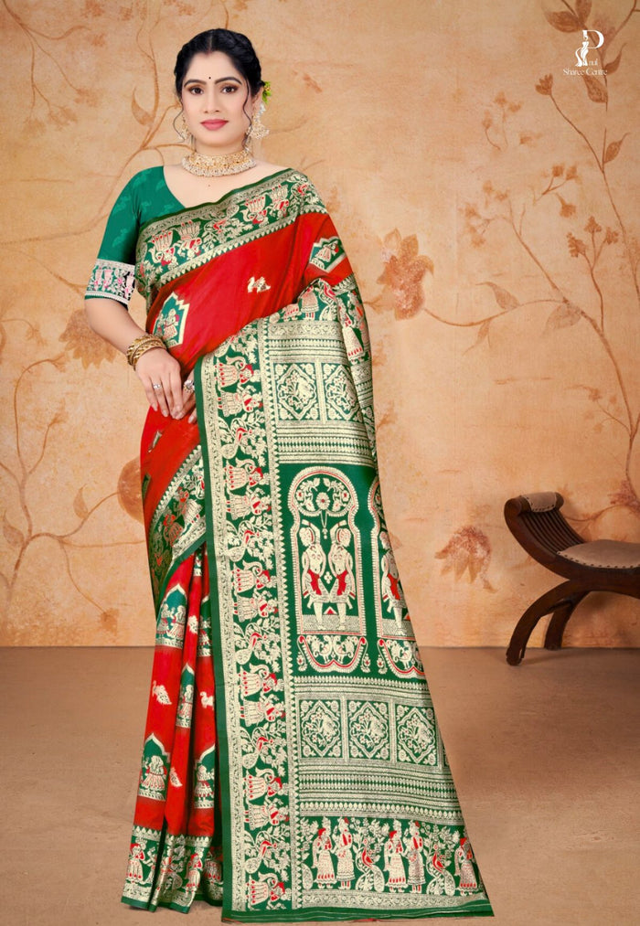 Red Baluchari Silk Saree with Bottle Green Border
