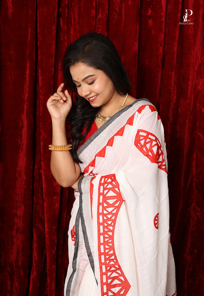 White & Red "Kolkata" Applique Work Saree with Silver Border