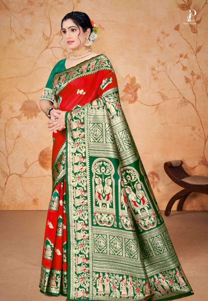 Red Baluchari Silk Saree with Bottle Green Border