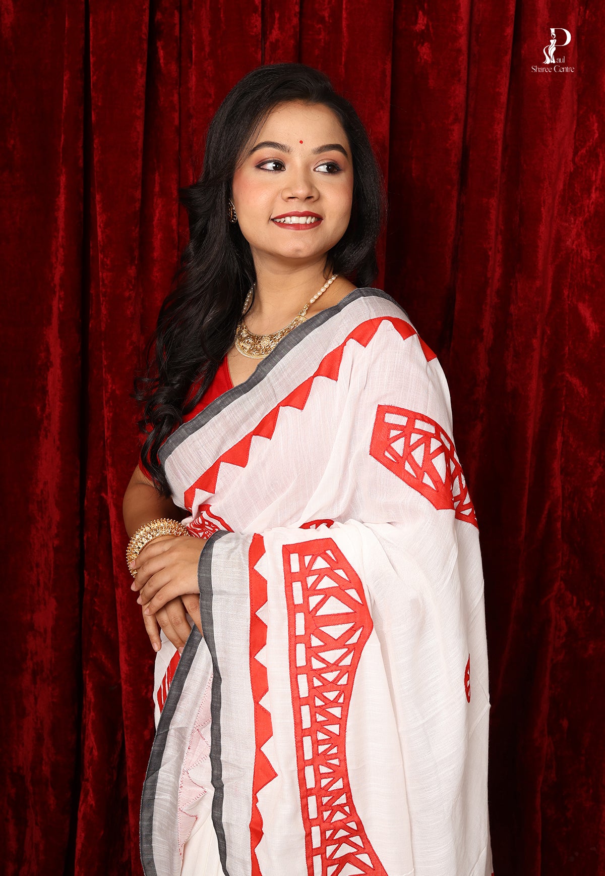 White & Red "Kolkata" Applique Work Saree with Silver Border