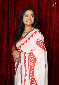 White & Red "Kolkata" Applique Work Saree with Silver Border