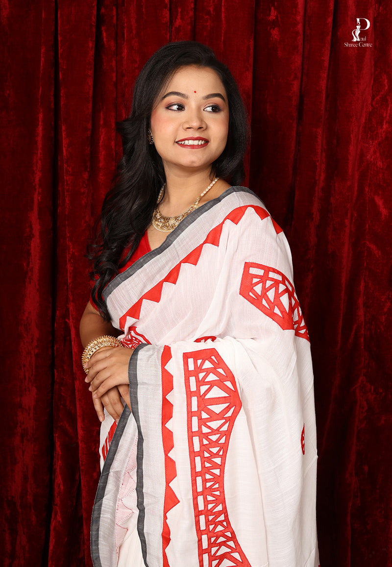 White & Red "Kolkata" Applique Work Saree with Silver Border