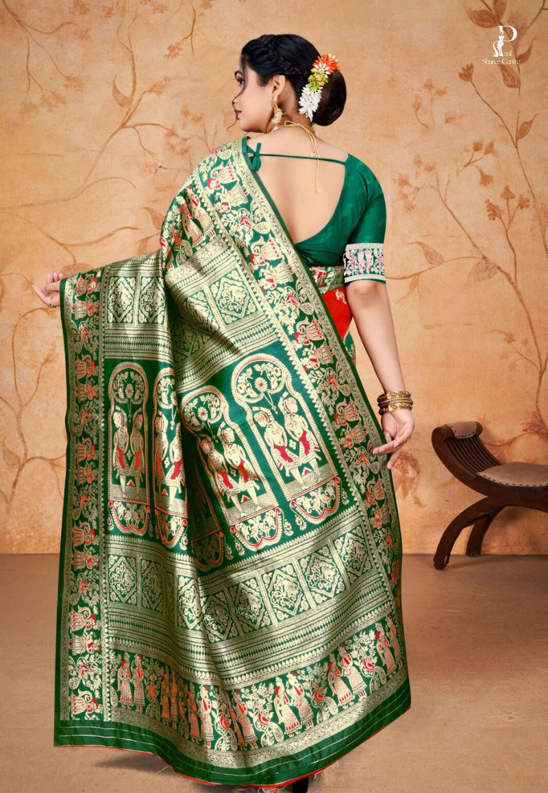 Red Baluchari Silk Saree with Bottle Green Border