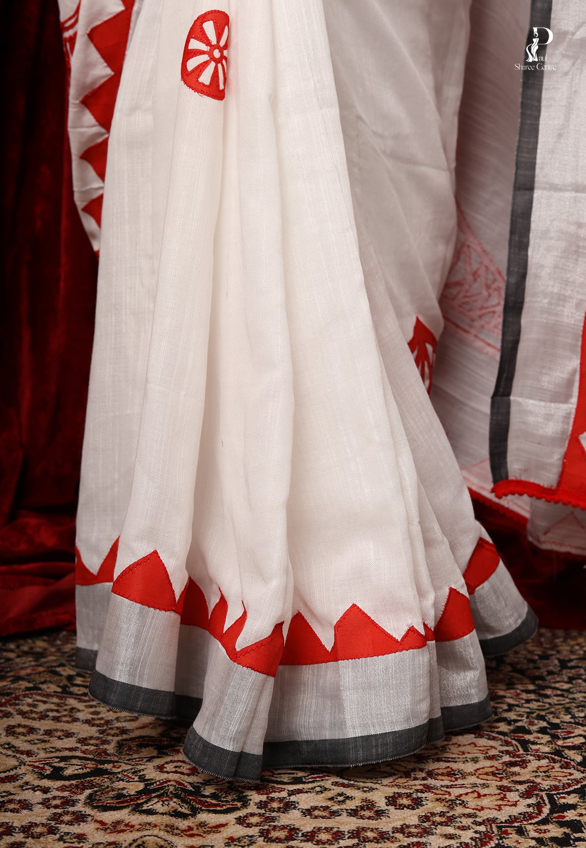 White & Red "Kolkata" Applique Work Saree with Silver Border