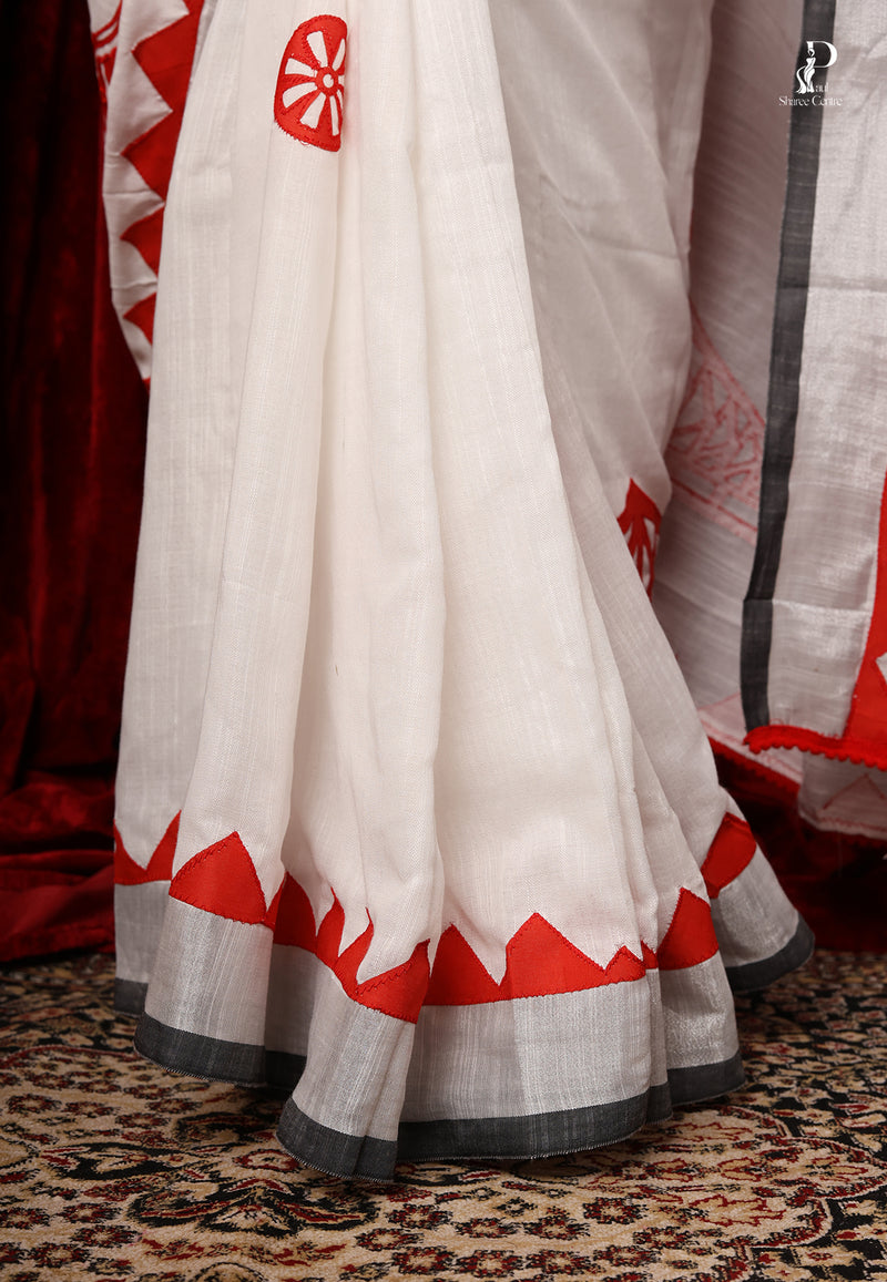 White & Red "Kolkata" Applique Work Saree with Silver Border