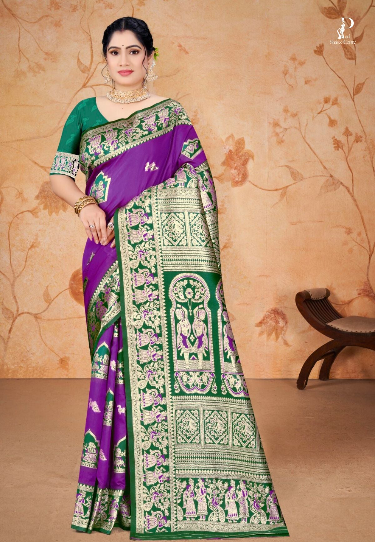 Violet Baluchari Silk Saree with Dark Green Border