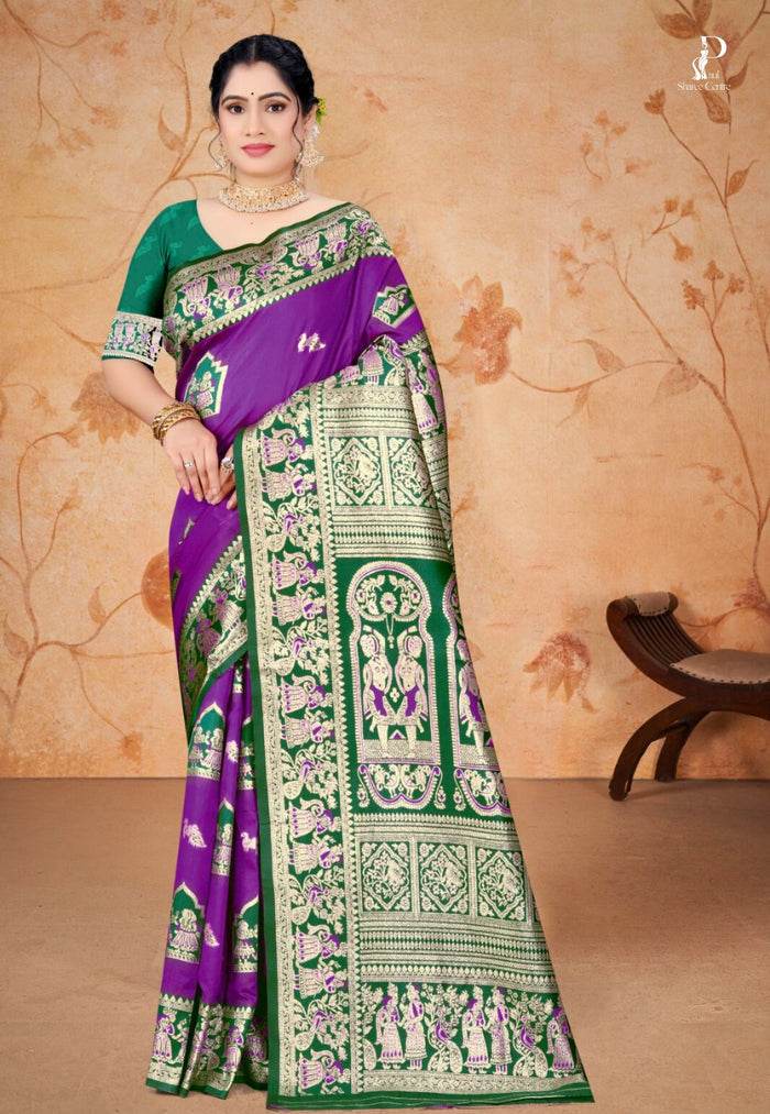 Violet Baluchari Silk Saree with Dark Green Border