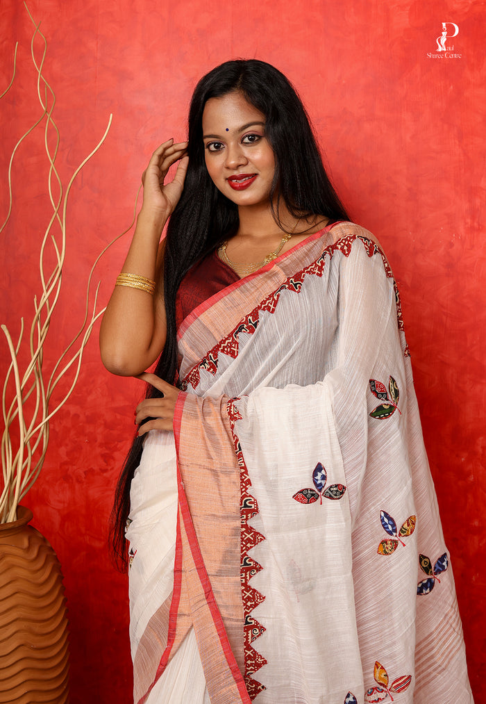 White Applique Work Saree with Copper border