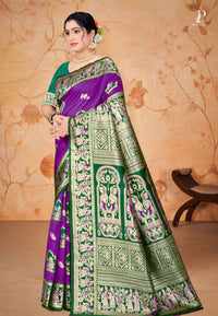 Violet Baluchari Silk Saree with Dark Green Border