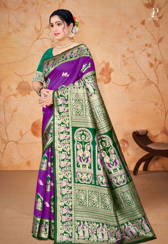 Violet Baluchari Silk Saree with Dark Green Border