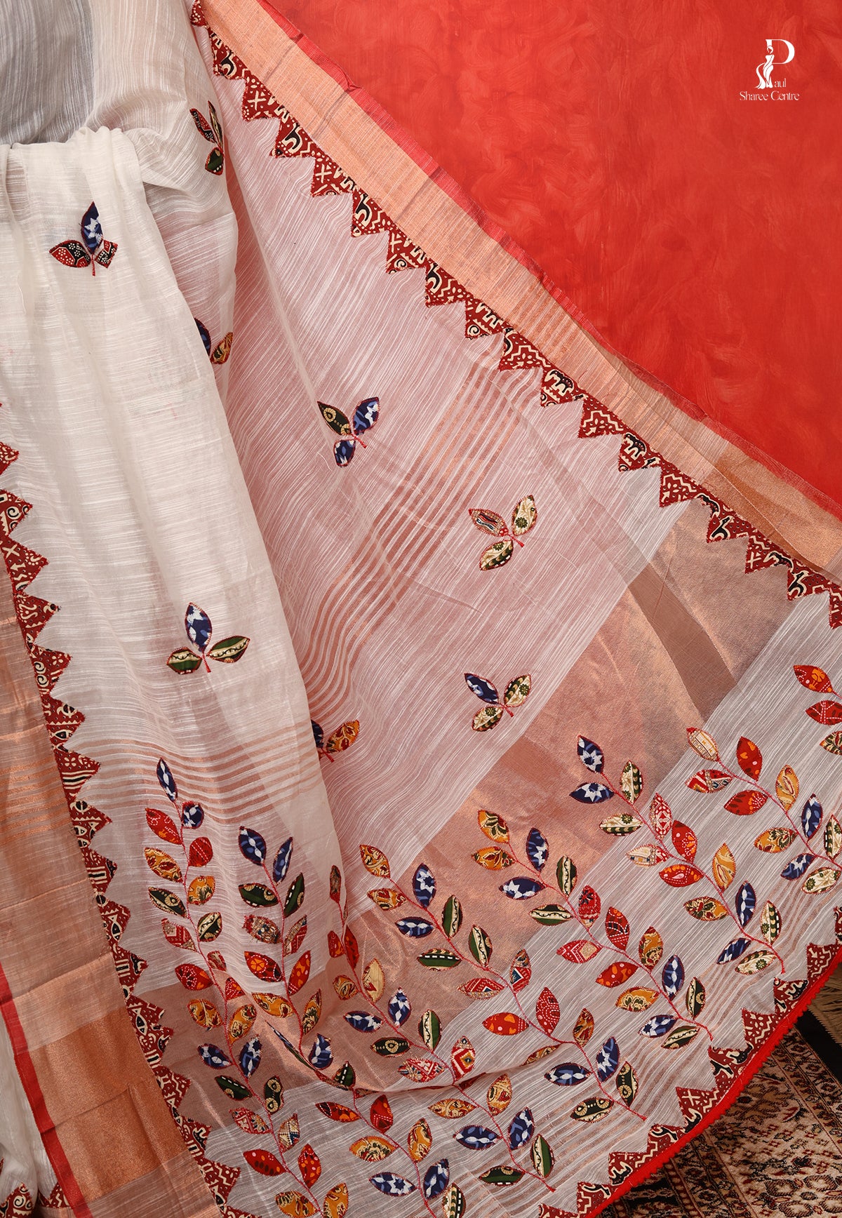 White Applique Work Saree with Copper border