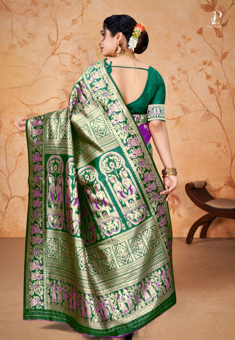 Violet Baluchari Silk Saree with Dark Green Border