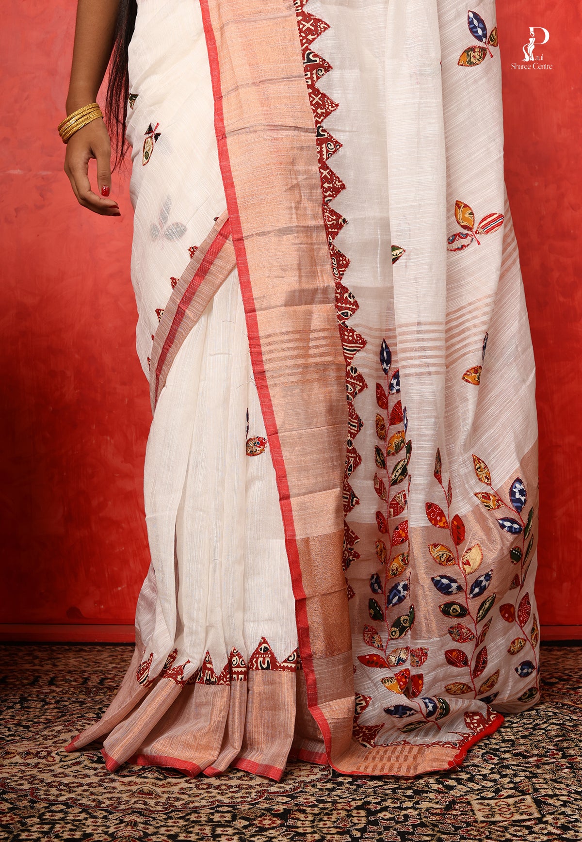 White Applique Work Saree with Copper border