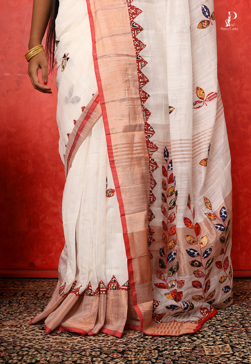 White Applique Work Saree with Copper border