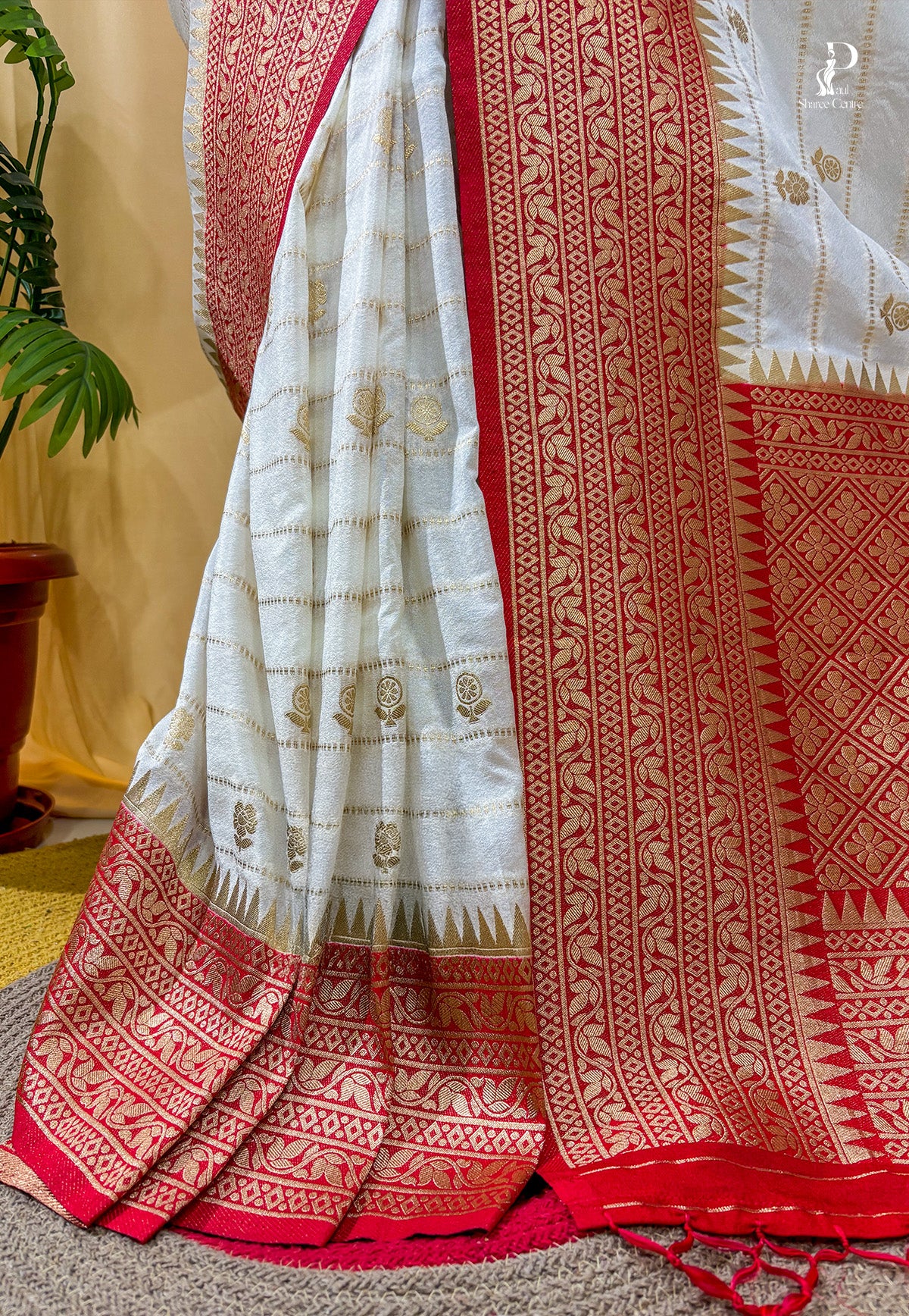 Off-White Khaddi Banarasi Saree with Red Border